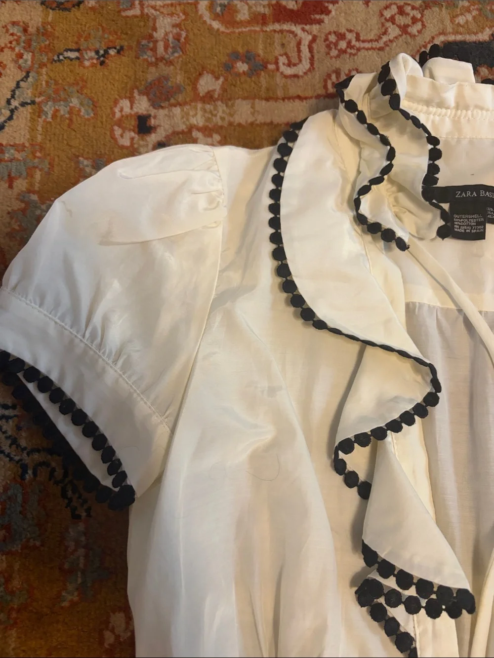 Zara Cream Short-Sleeve Ruffle Blouse with Black Pom Trim - XS